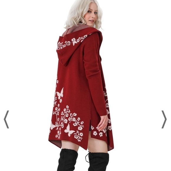 𝅺Vertigo poppy intarsia burgundy & white floral hooded cardi sweater coa… - Picture 13 of 15